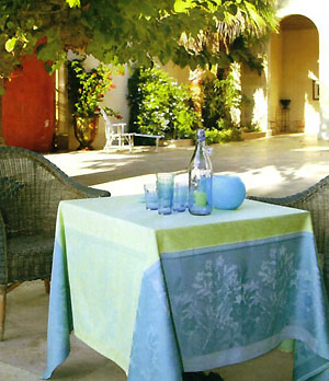 French Jacquard tablecloth Teflon(Brignoles. light green x blue) - Click Image to Close